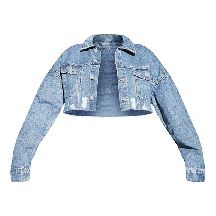 Women's cropped denim jacket with raw hem, wide sleeves, and boxy fit Amarae