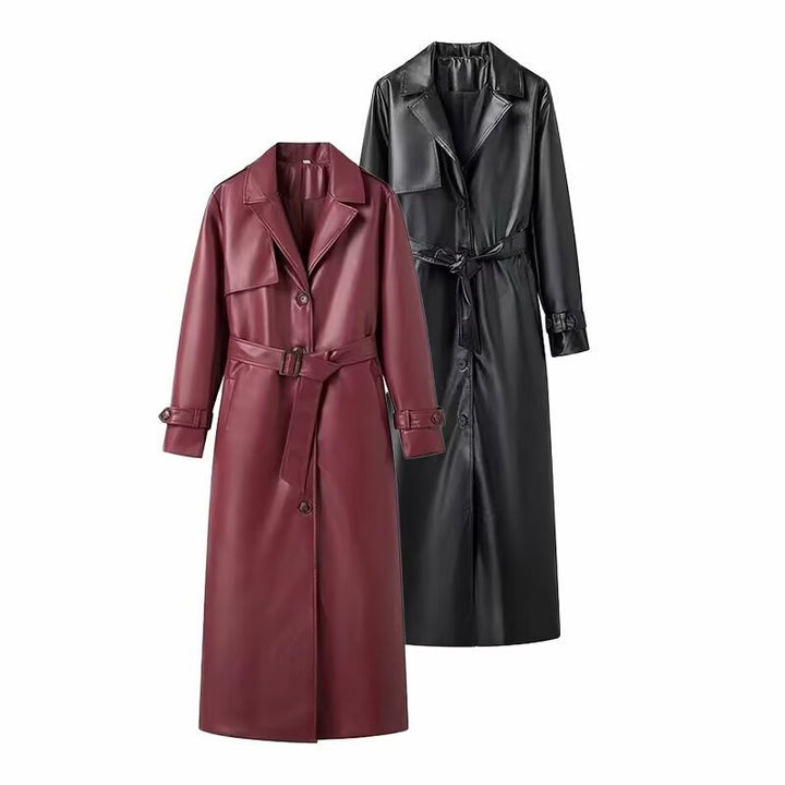 Manteau trench élégant pour femmes en simili cuir moderne avec ceinture à la taille Chic & Stil