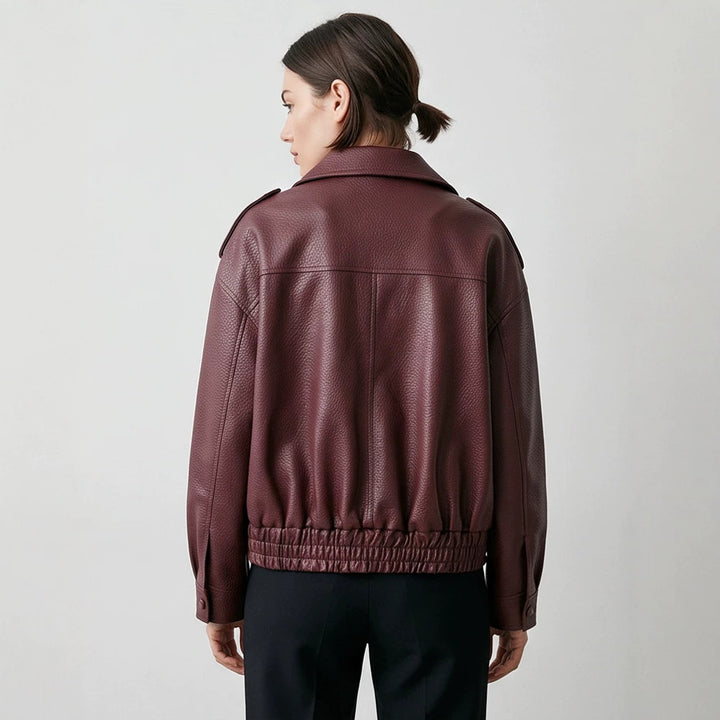 Women's Boxy Faux Leather Blouson with textured grain, double-breasted button placket & elastic hem Amarae