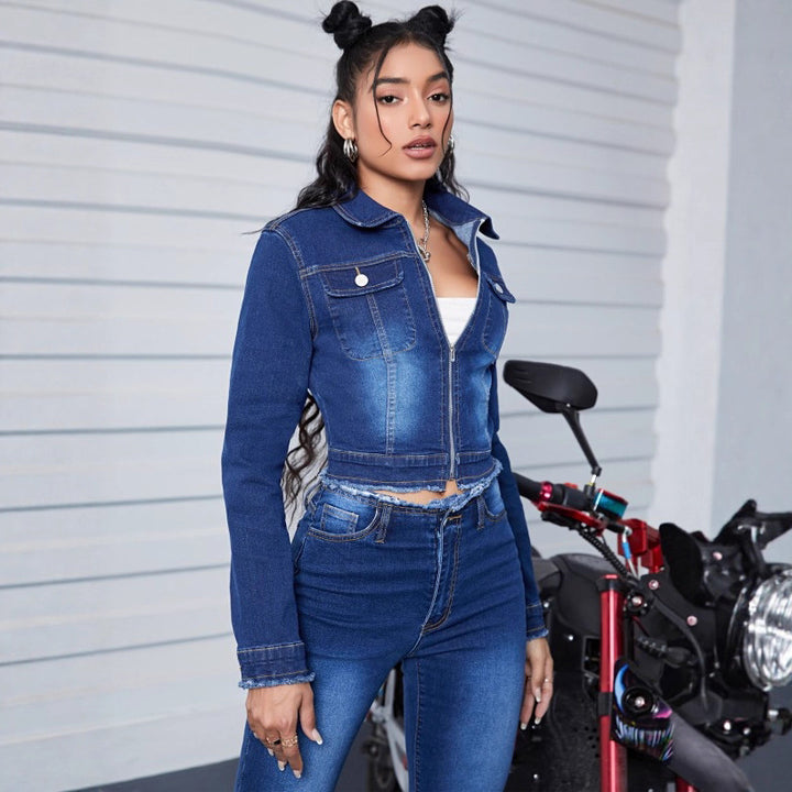 Women Short Waist-Length Denim Jacket with Zip and Frayed Hem Amarae