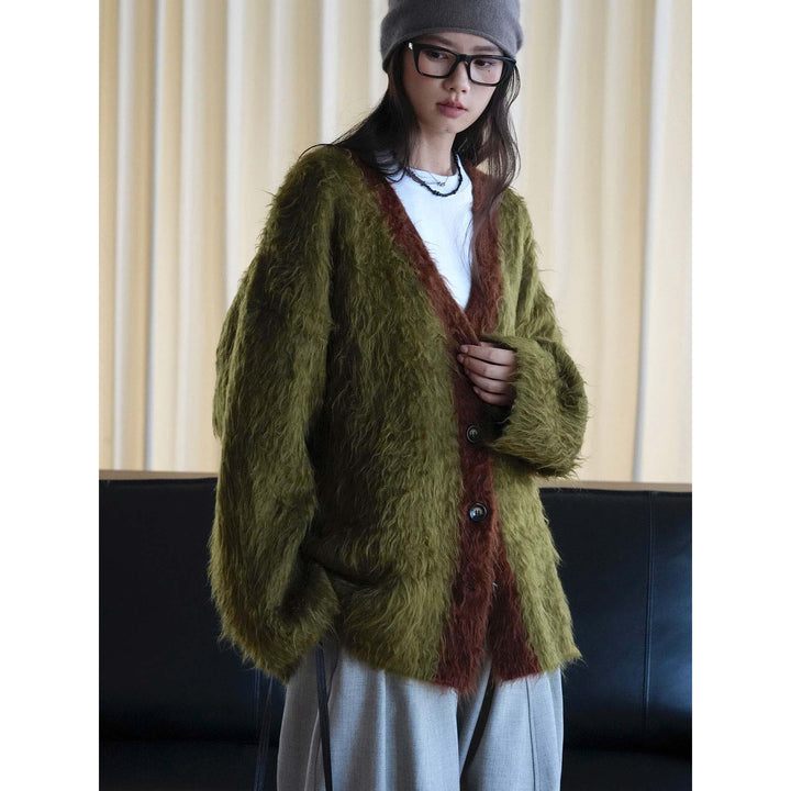 Women's Fluffy Long-Hair Knit Cardigan with Button Placket and Oversized Silhouette Amarae