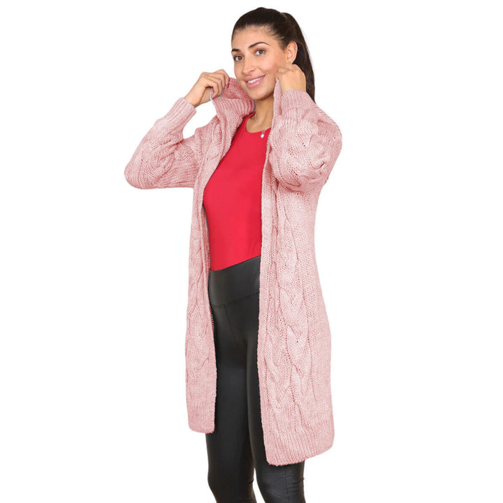 Ladies Chunky Knit Hoodie-Coat with Braid Design and Deep Pockets Lune London