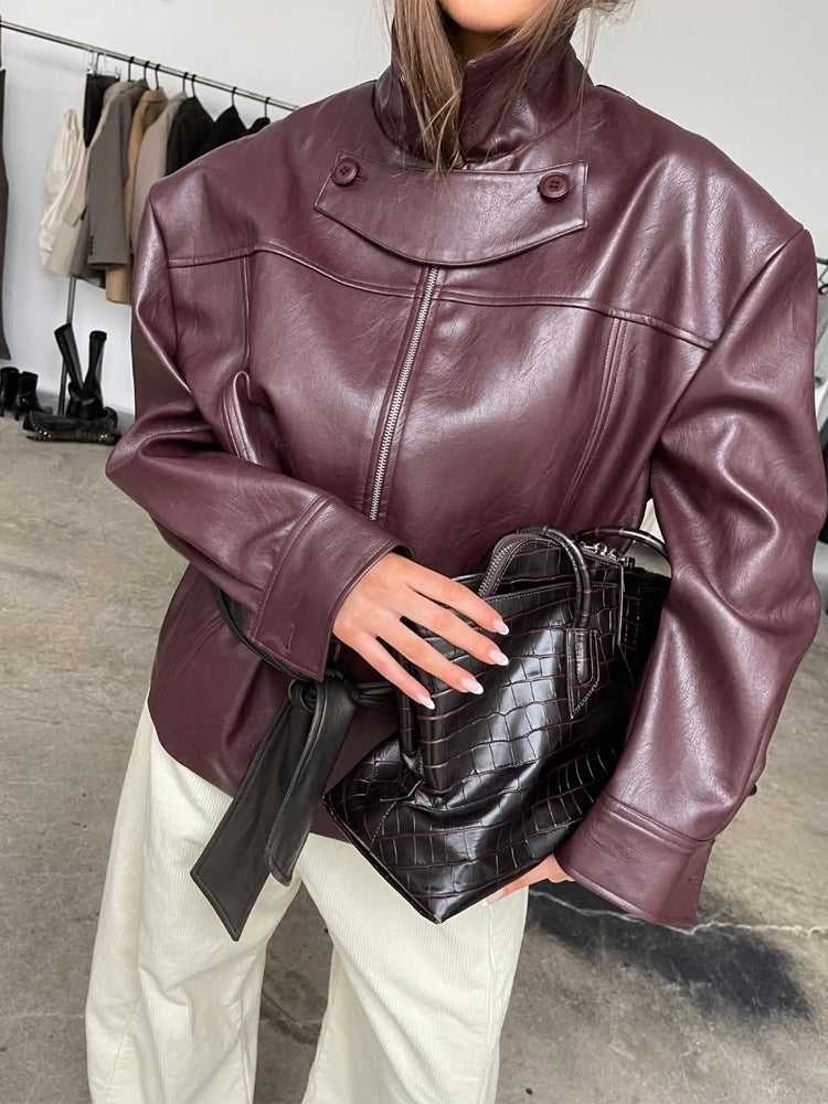 Women's Boxy Faux Leather Jacket with High Stand Collar, Front Zip and Waist Belt Amarae