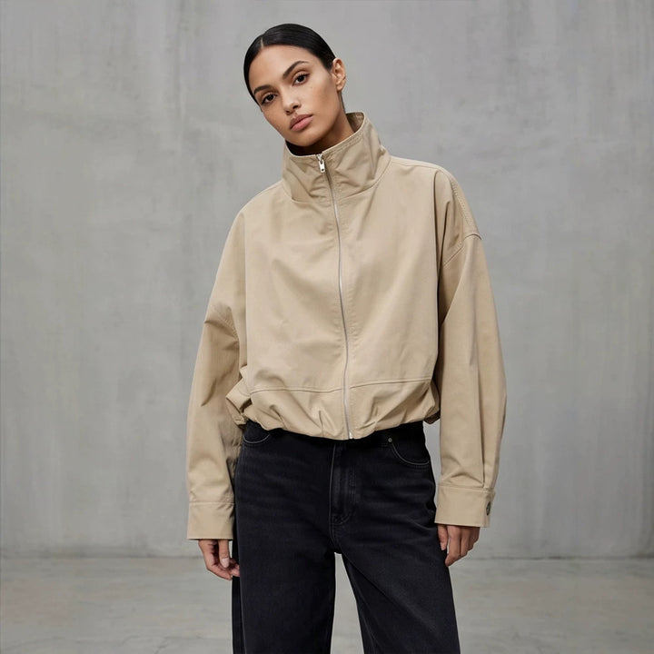Women's Boxy-Cropped Windbreaker Jacket with High Standing Collar and Straight Hem Amarae