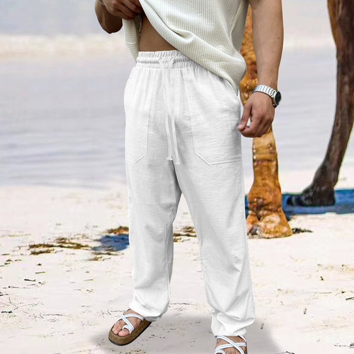 Men's casual linen pants with elastic waistband and practical side pockets Lune London