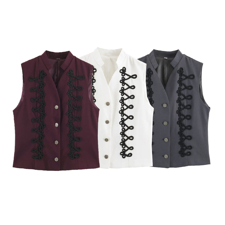Women's sleeveless vest in uniform style with decorative frog closures and stand-up collar Amarae