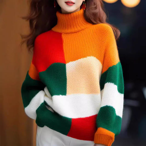 Chunky knitted sweater with turtleneck and bright color block design Amarae