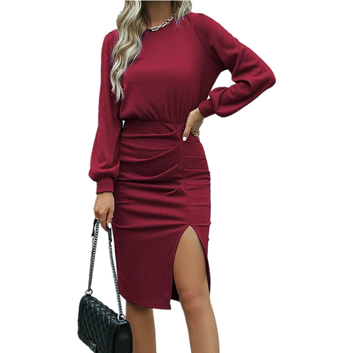 Women's midi dress with fitted wrap effect, long sleeves and high slit Amarae