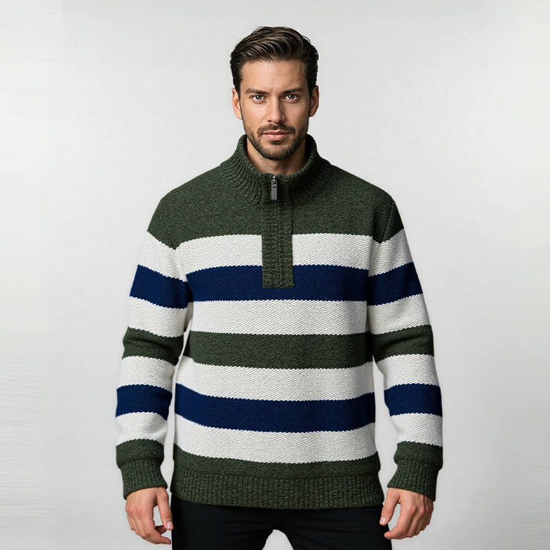 Modern knitted sweater for men with half zipper and block stripes Lune London