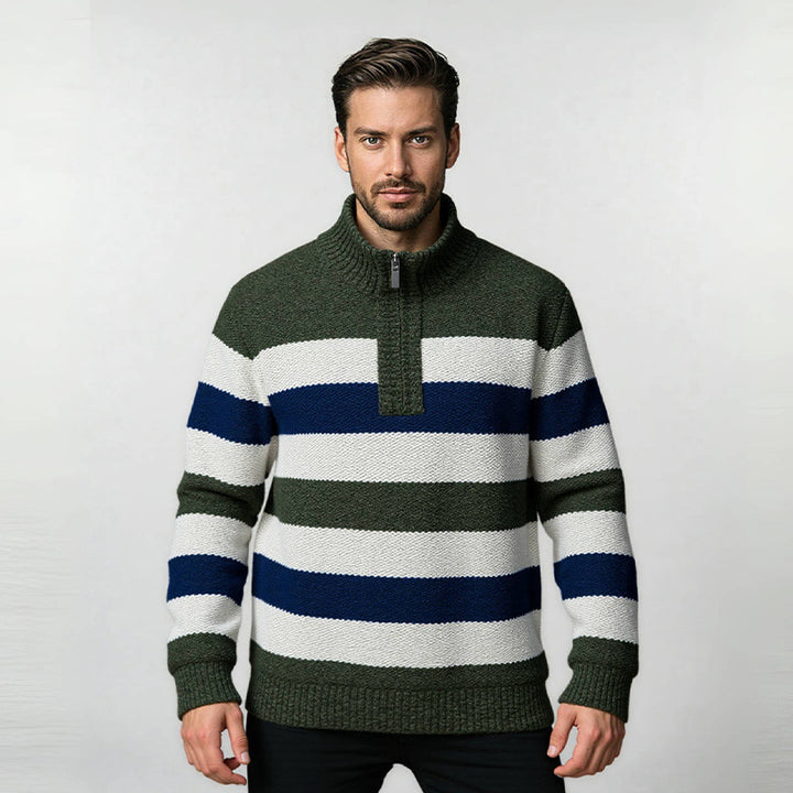 Modern knitted sweater for men with half zipper and block stripes Lune London
