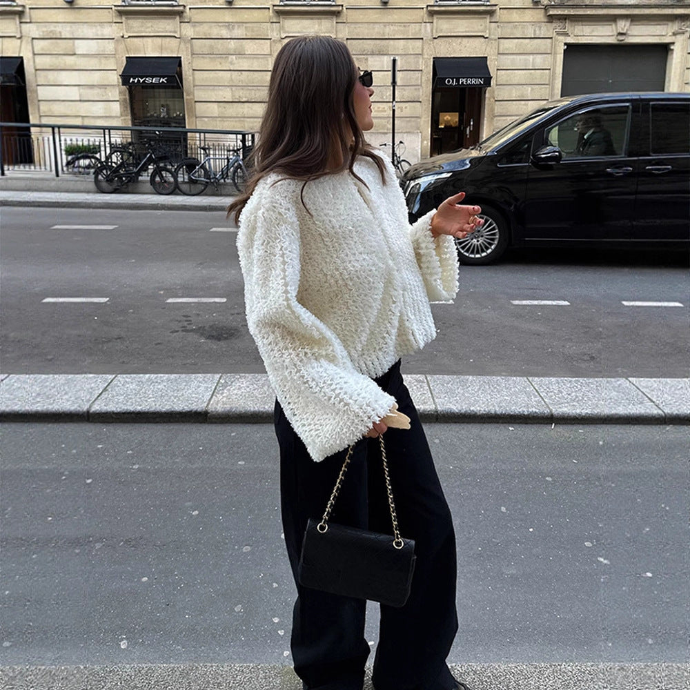 Women Short-Cut Textured Faux Fur Cardigan with Voluminous Sleeves Amarae