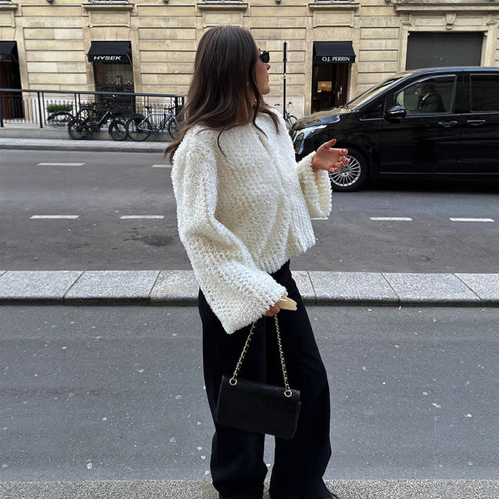 Women Short-Cut Textured Faux Fur Cardigan with Voluminous Sleeves Amarae