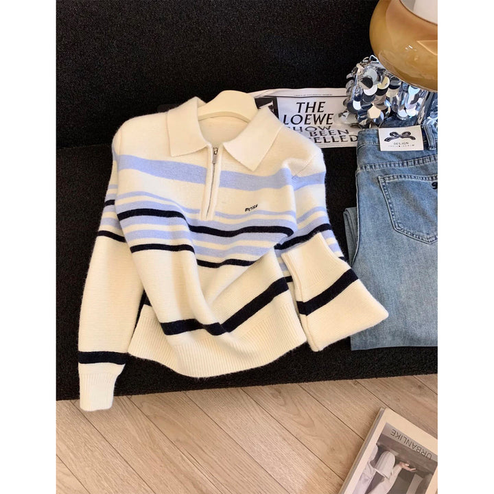 Casual knit sweater for women with half-zip and trendy striped pattern Lune London