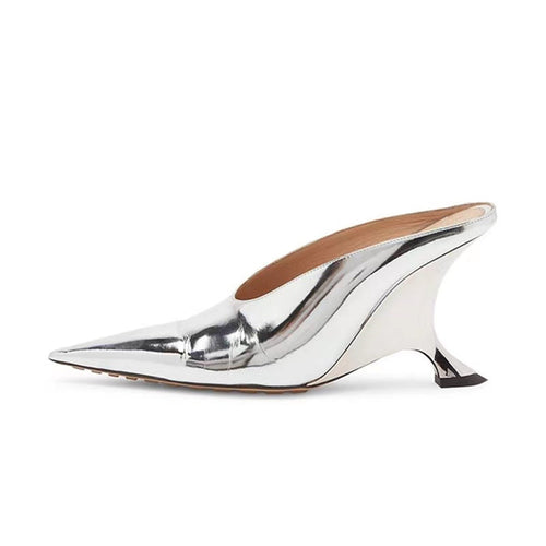 Women’s Pointed Metallic Wedge Mules with Sculpted Heel Amarae