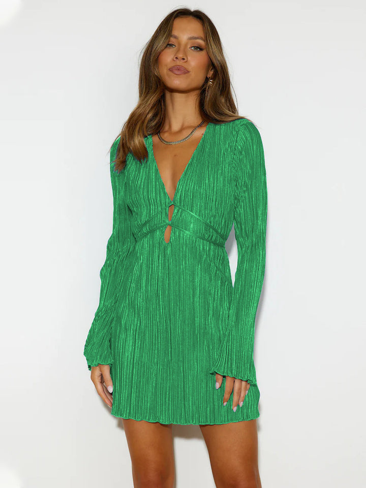Pleated dress for women with V-neck and long butterfly sleeves Lune London