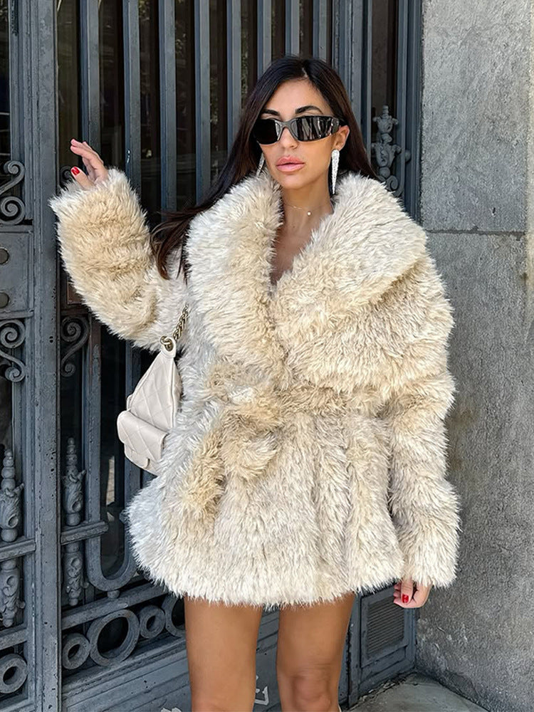 Women Short Cozy Faux Fur Coat with Waist Belt and Voluminous Shawl Collar Amarae