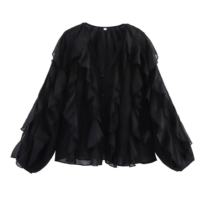 Ladies Playful Chiffon Blouse with Layered Ruffles and Button Placket Amarae