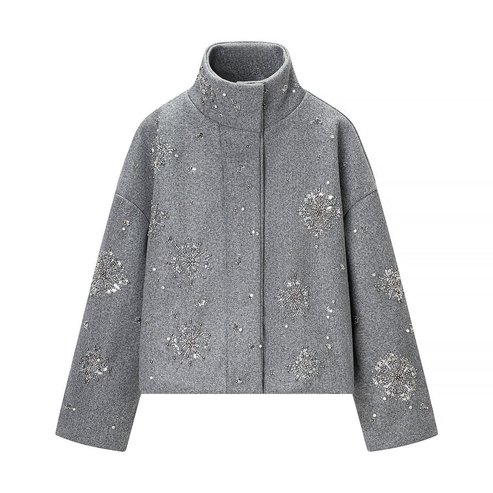 Women's Short Embroidered Wool Blend Boxy Coat with Stand Collar Amarae