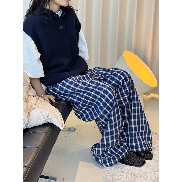 Women's High-waisted, Flowing Checked Maxi Skirt with Pleats and Button Detail Amarae