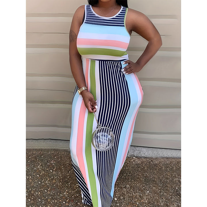 Maxi dress for ladies with a colorful striped design and a fitted cut Lune London