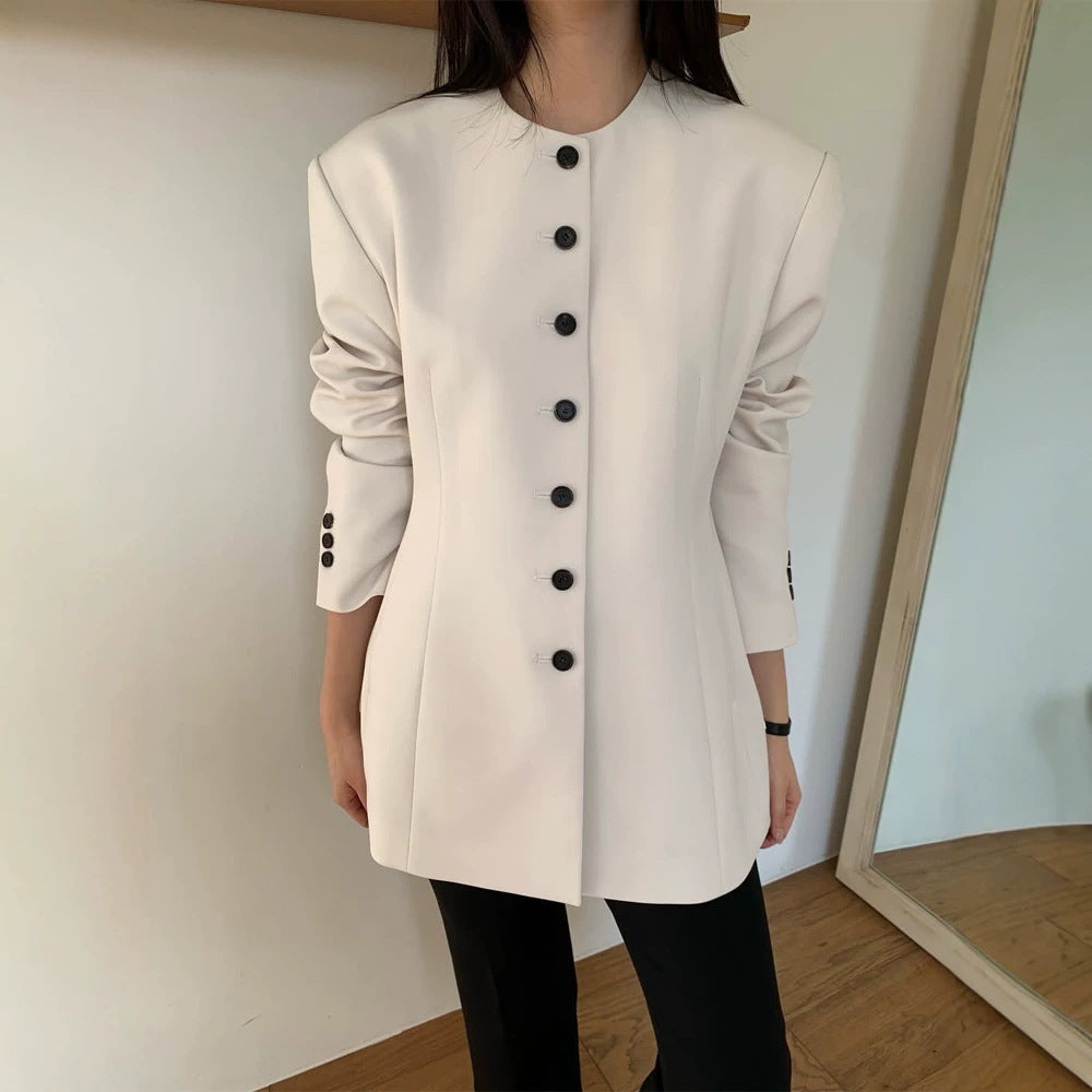 Women's Tailored Blazer with Sculptural Shoulder, Round Neckline and Contrast Button Placket Amarae