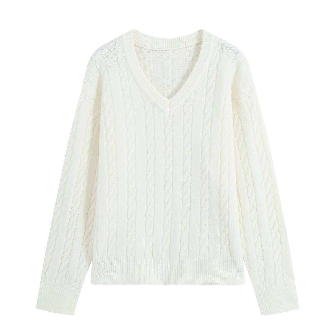 Women's Oversize Cable Knit Sweater with V-Neck and Wide Ribbed Cuff Amarae