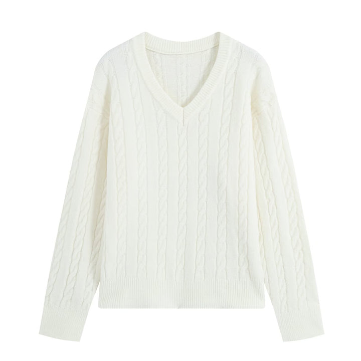 Women's Oversize Cable Knit Sweater with V-Neck and Wide Ribbed Cuff Amarae