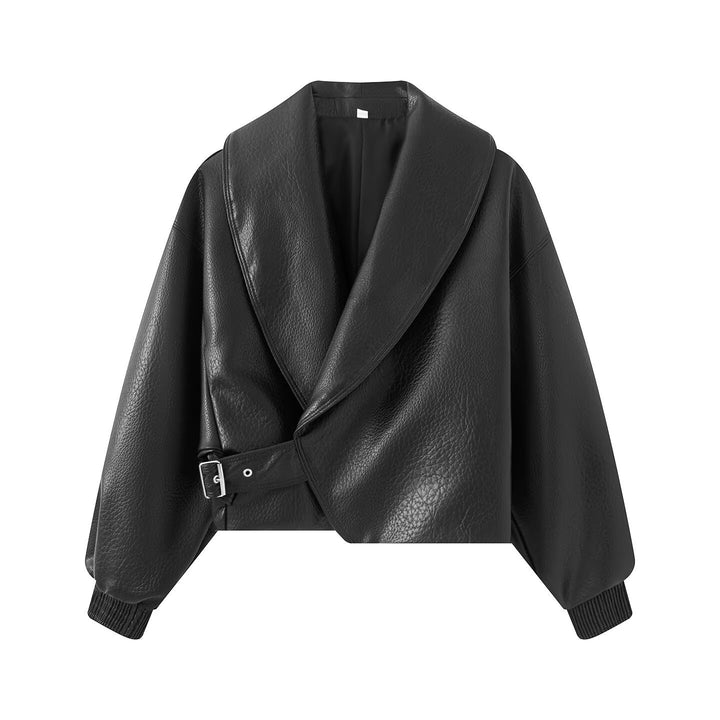 Women's Short Cut Wrap Jacket made of Leather Look with Large Shawl Collar and Waist Belt Amarae