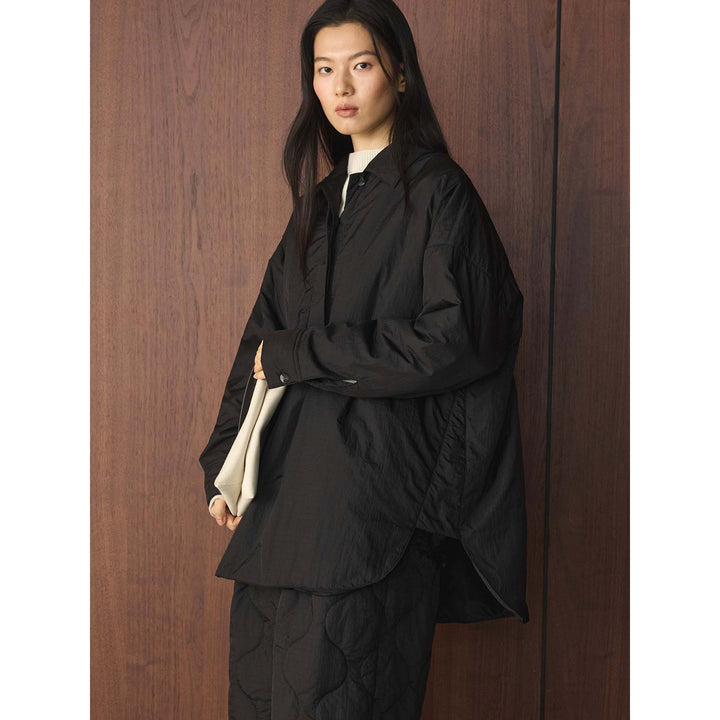 Women's loosely cut quilted oversized shirt jacket with kent collar and concealed button placket Amarae