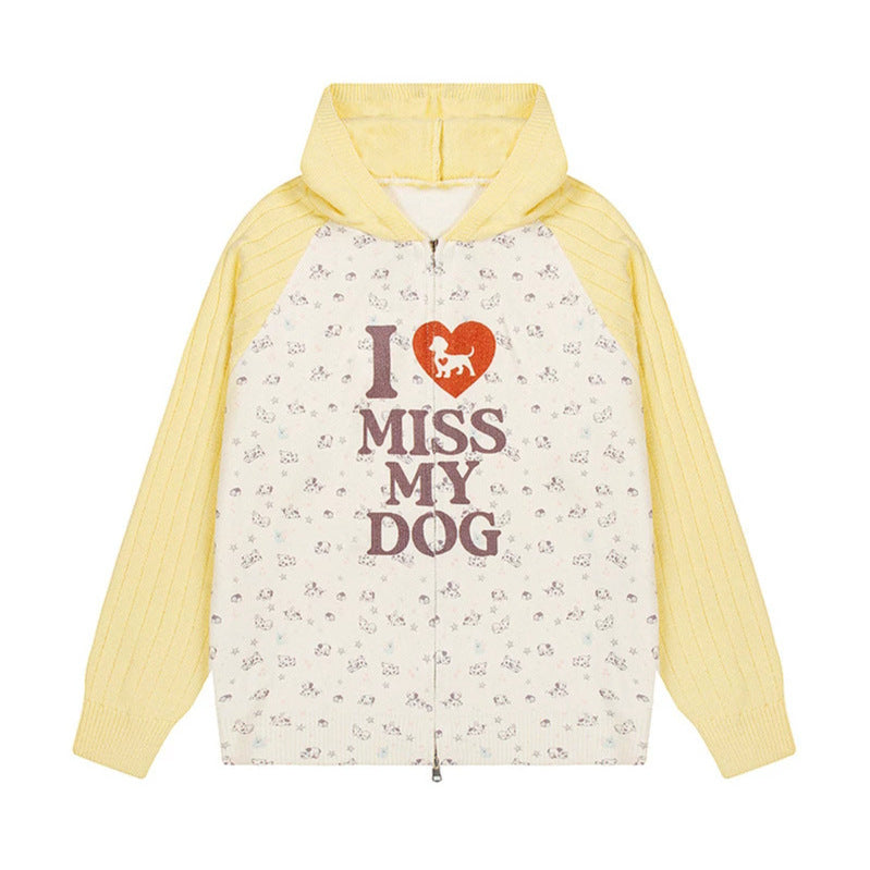 Women's hoodie cardigan with full zip, ribbed sleeves, and dog statement print Amarae