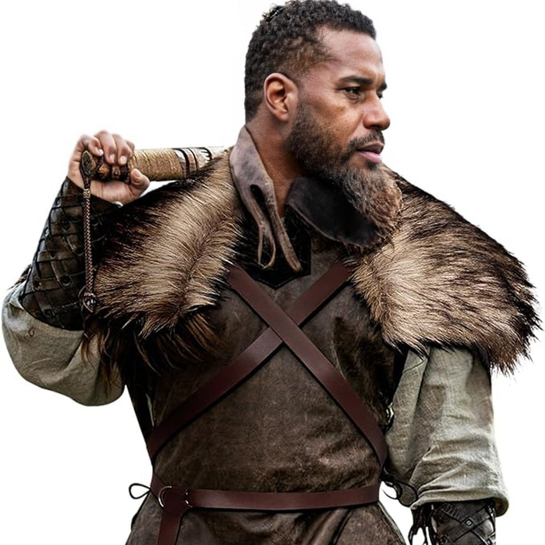 Men's Medieval Leather Jerkin with Faux Fur Shoulder Cape and Braided Arm Guards Amarae