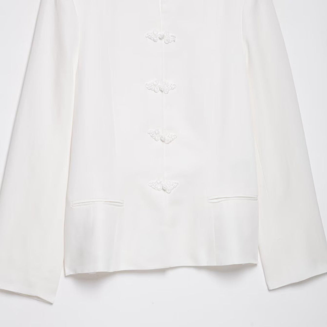 Women's Boxy Short Jacket with Stand-up Collar, Decorative Knot Closures and Welt Pockets Amarae