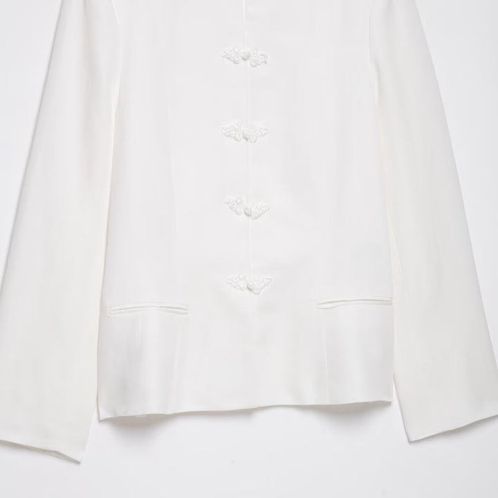Women's Boxy Short Jacket with Stand-up Collar, Decorative Knot Closures and Welt Pockets Amarae