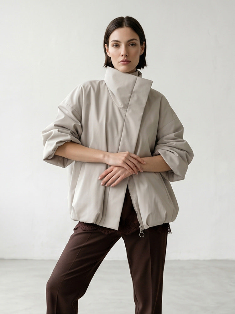 Women's boxy short quilted jacket with high asymmetric stand-up collar Amarae