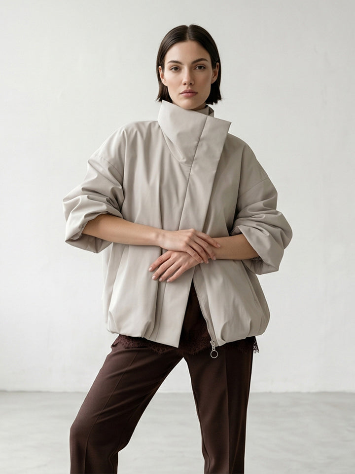 Women's boxy short quilted jacket with high asymmetric stand-up collar Amarae