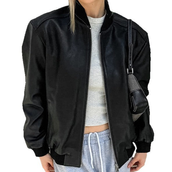Chic Urban Style Synthetic Leather Bomber Jacket for Women