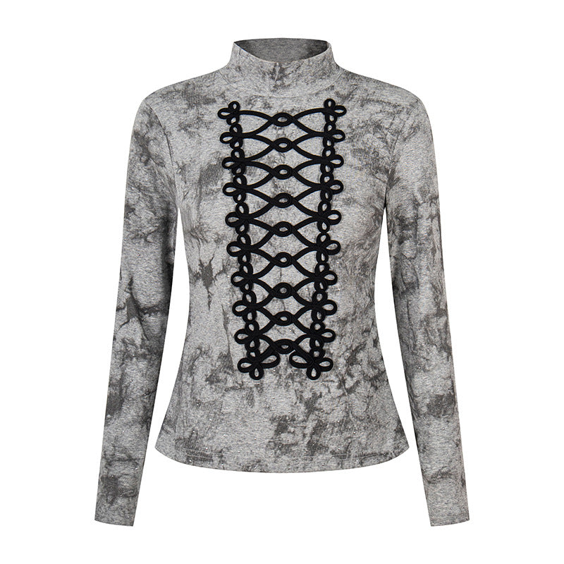 Women's long sleeve shirt with stand-up collar and decorative cord appliqué Amarae