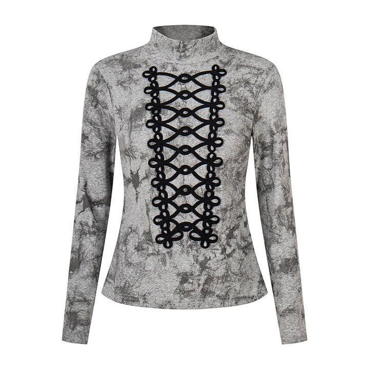 Women's long sleeve shirt with stand-up collar and decorative cord appliqué Amarae