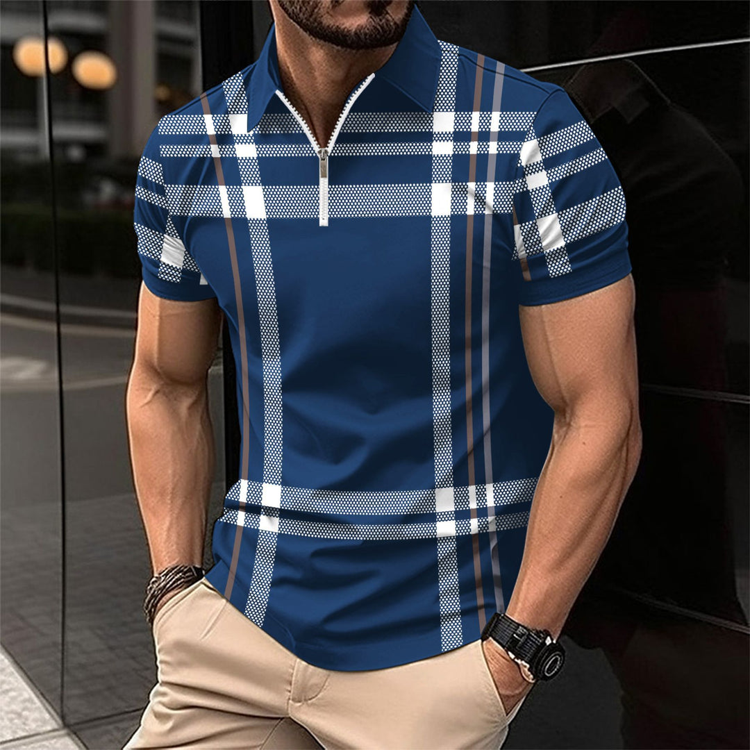 Men's Short Sleeve Polo with Modern Zip Closure and Chic Plaid Design