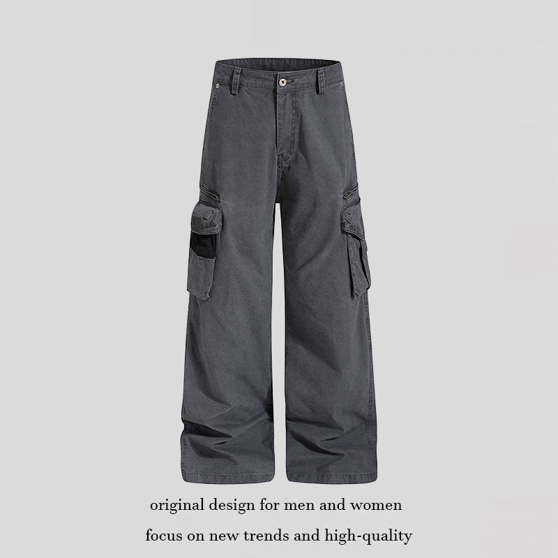 Women's Loose High-Waist Canvas Cargo Pants with Multi-Pockets and Mesh Details Amarae