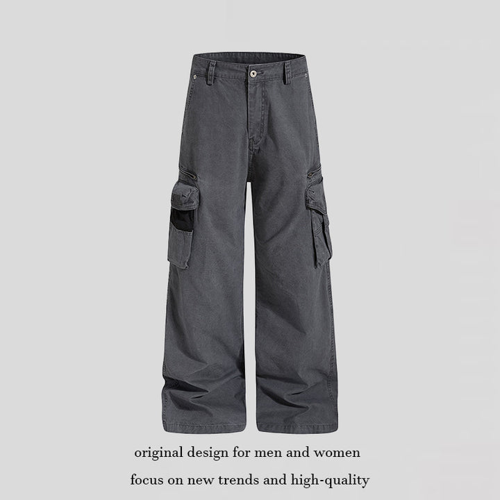 Women's Loose High-Waist Canvas Cargo Pants with Multi-Pockets and Mesh Details Amarae