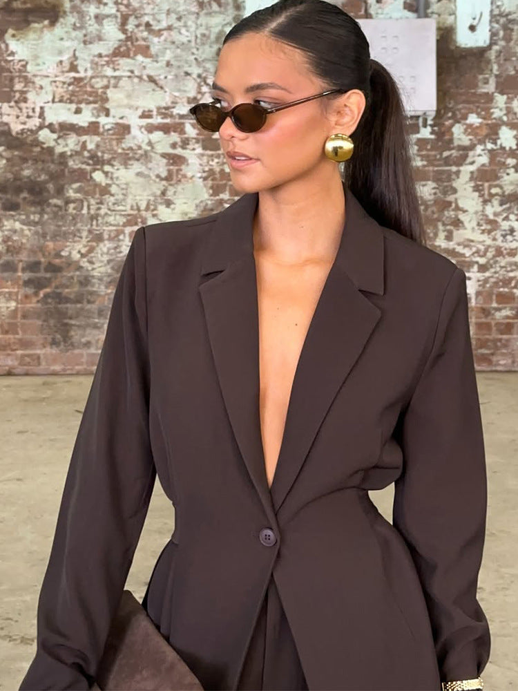 Women's Tailored Single-Button Blazer with Emphasized Waist and Narrow Shoulder Amarae
