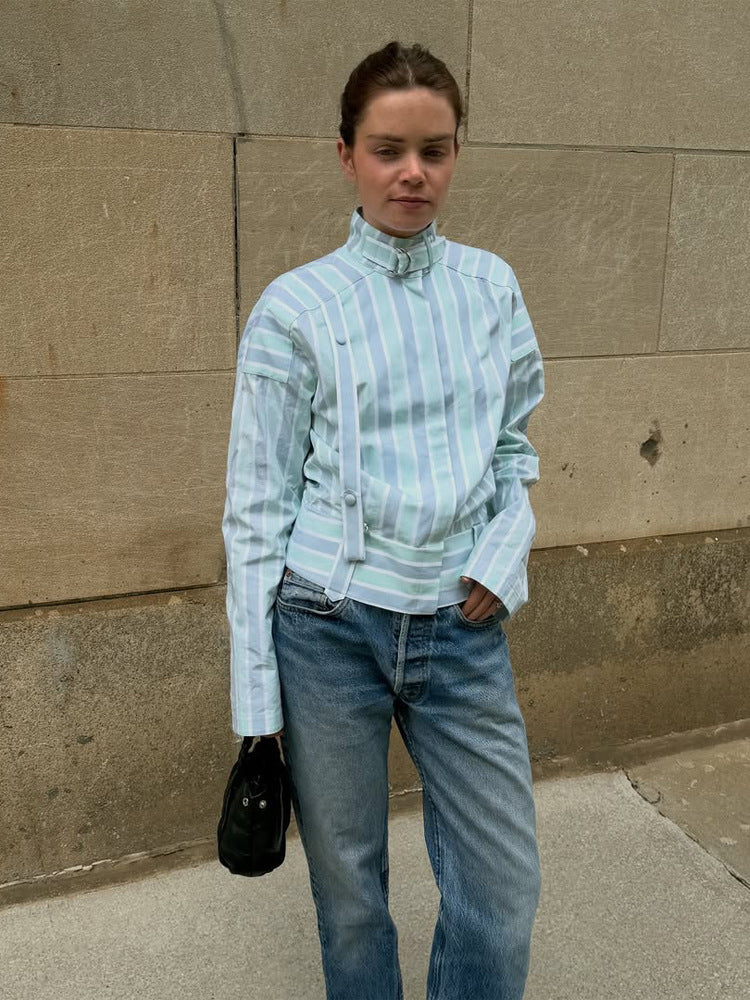 Women's Structured Blouse with Stand Collar, Waist Belt and Vertical Stripe Design Amarae