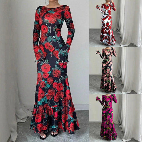 Robe maxi élégante pour femmes avec des détails de volants floraux et des manches longues Chic & Stil