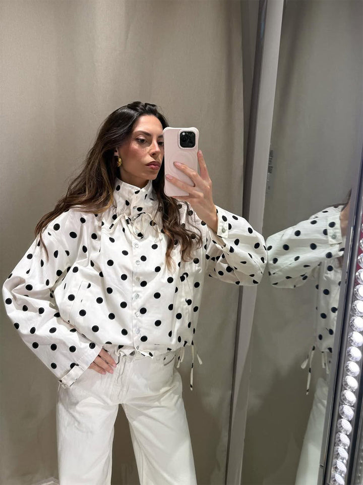 Women Lightweight Dotted Transition Jacket with Stand-up Collar, Drawstring & Loose Silhouette Amarae