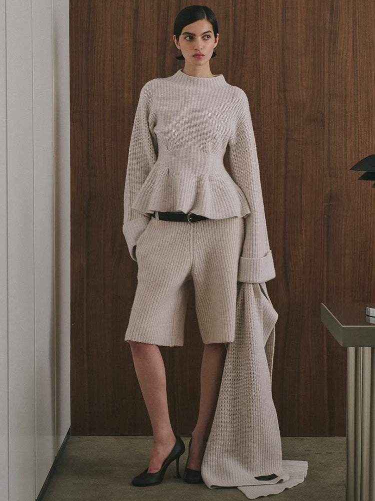 Women's fine knit two-piece set with fitted peplum sweater and high-waist bermuda Amarae