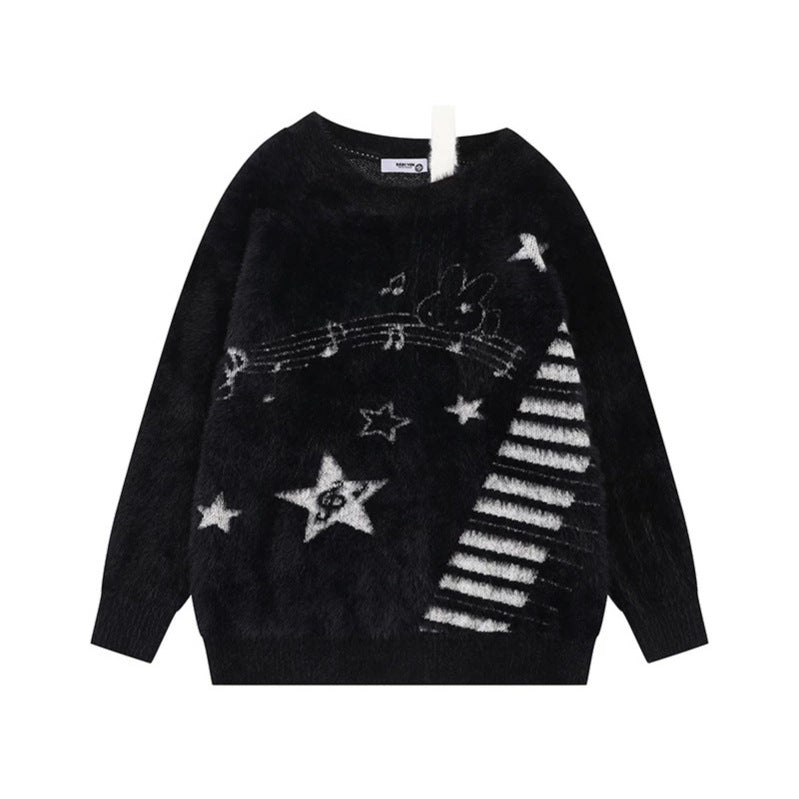 Women's Cozy Knit Sweater with Cartoon Note and Star Motif Amarae