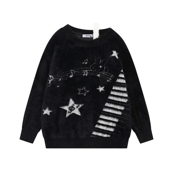 Women's Cozy Knit Sweater with Cartoon Note and Star Motif Amarae