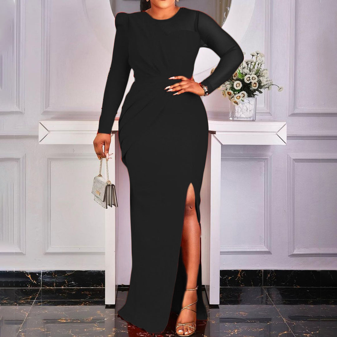 Ladies Elegant Maxi Dress with Crossed V-Neck and Chic Slit and Style
