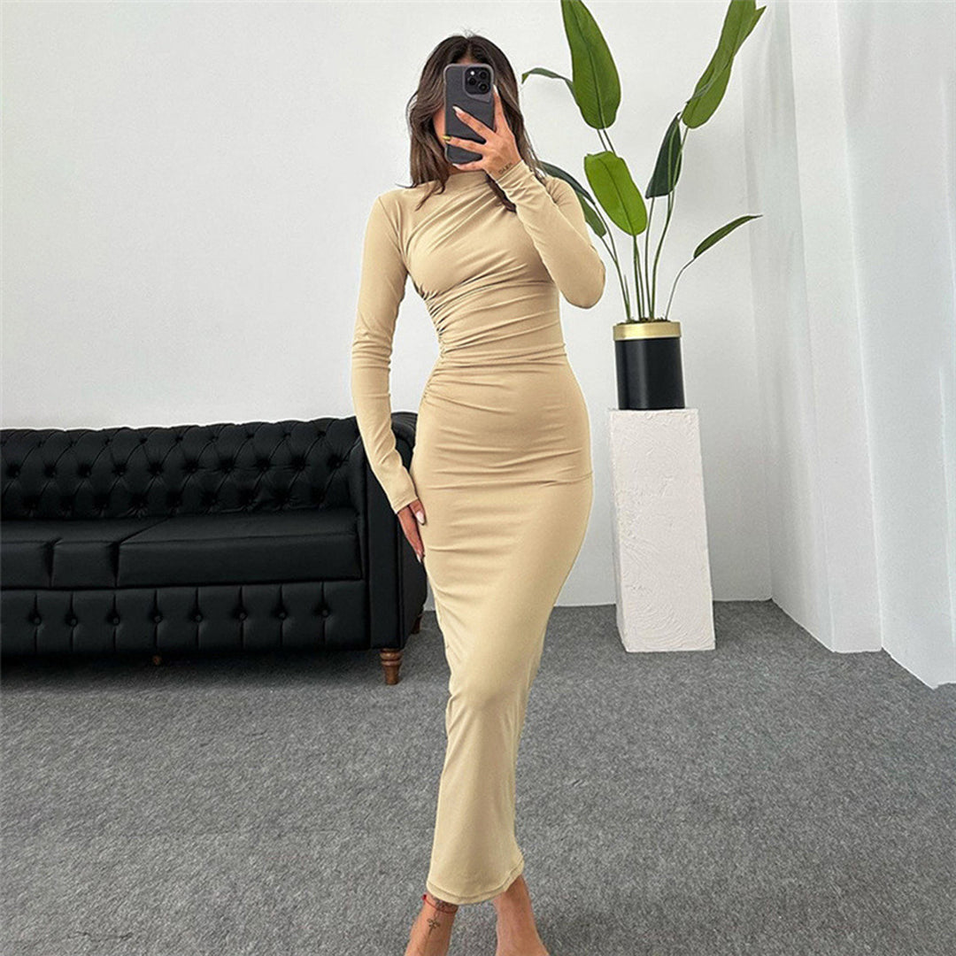 Ladies fitted maxi dress with high collar and side gathering Amarae